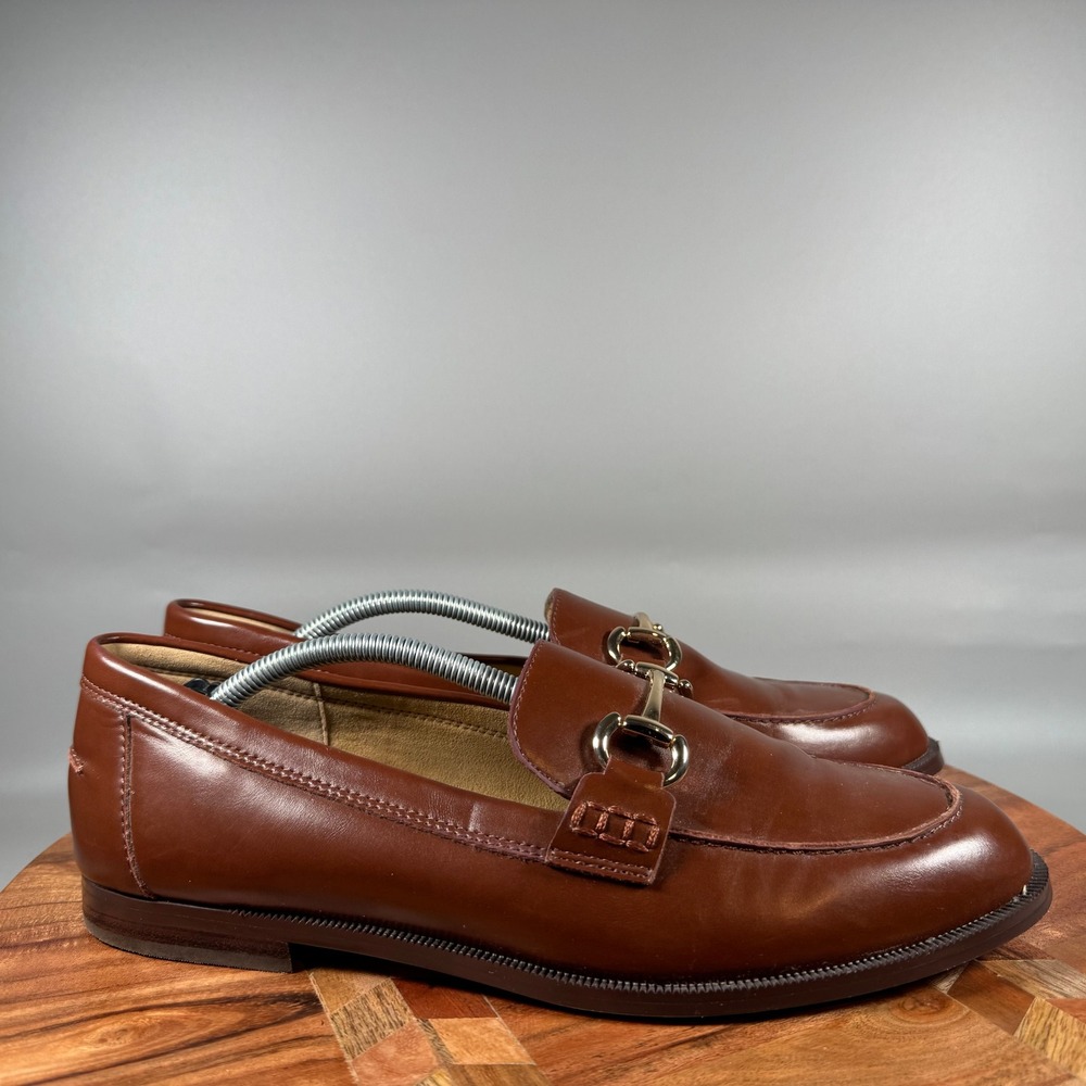 J.Crew Womens Brown Leather Bit Loafers Gold Horsebit Slip On Shoes 9.5
